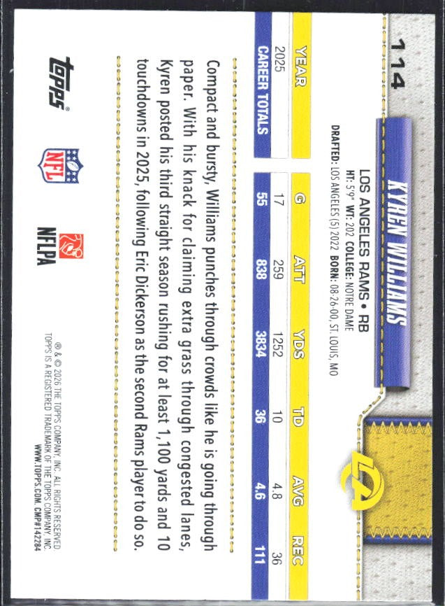 2026 Topps Flagship Football Kyren Williams #114 – baksida