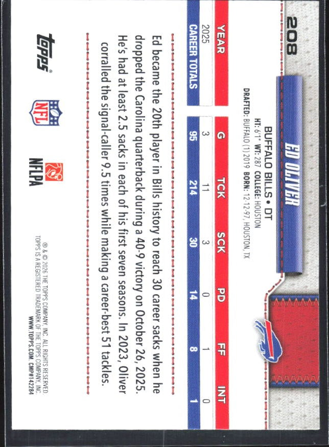 2026 Topps Flagship Football Ed Oliver #208 – baksida