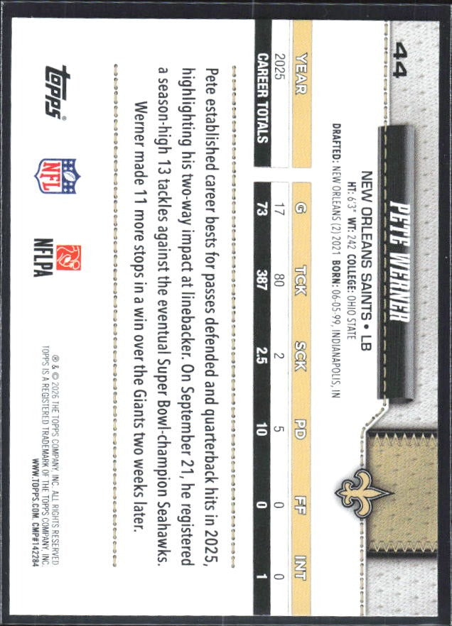 2026 Topps Flagship Football Pete Werner #44 – baksida