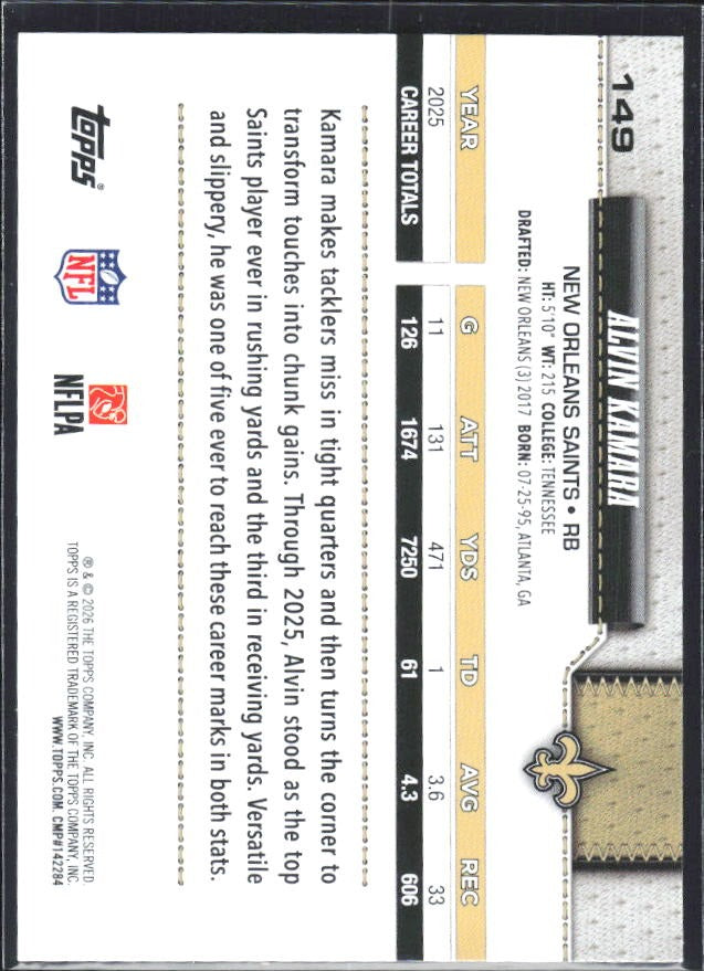 2026 Topps Flagship Football Alvin Kamara #149 – baksida