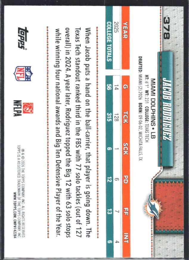 2026 Topps Flagship Football Jacob Rodriguez RC #378 – baksida