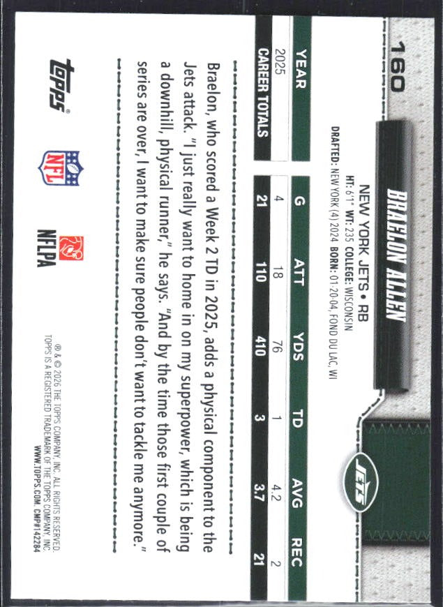 2026 Topps Flagship Football Braelon Allen #160 – baksida
