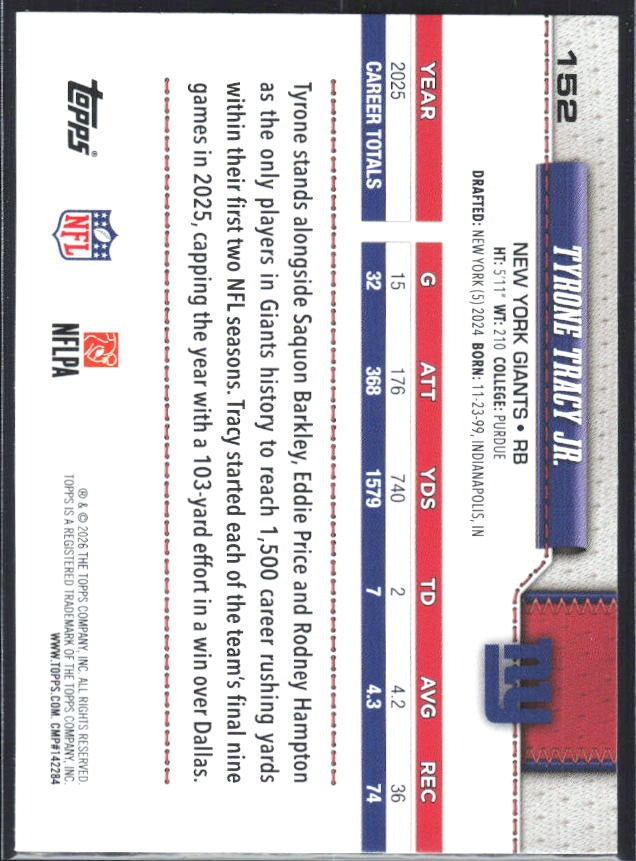 2026 Topps Flagship Football Tyrone Tracy Jr. #152 – baksida