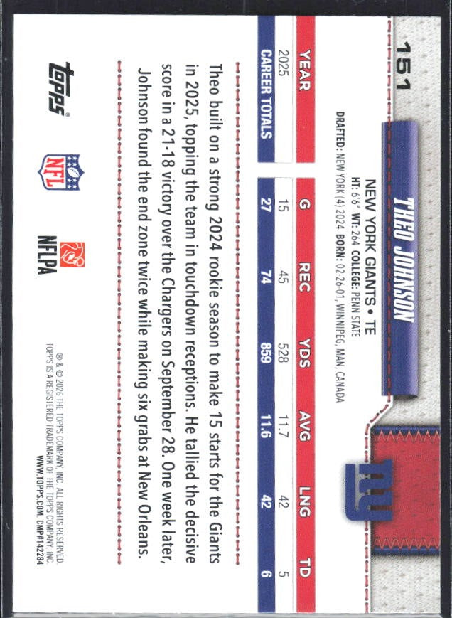 2026 Topps Flagship Football Theo Johnson #151 – baksida