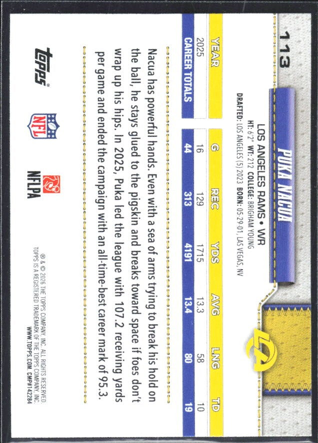 2026 Topps Flagship Football Puka Nacua #113 – baksida