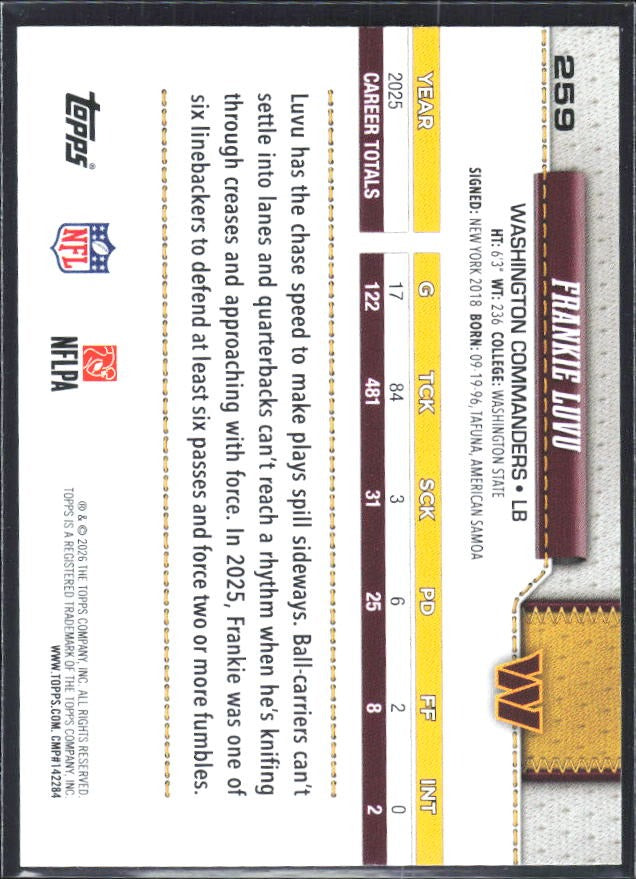 2026 Topps Flagship Football Frankie Luvu #259 – baksida