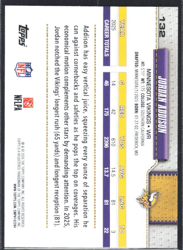 2026 Topps Flagship Football Jordan Addison #132 – baksida