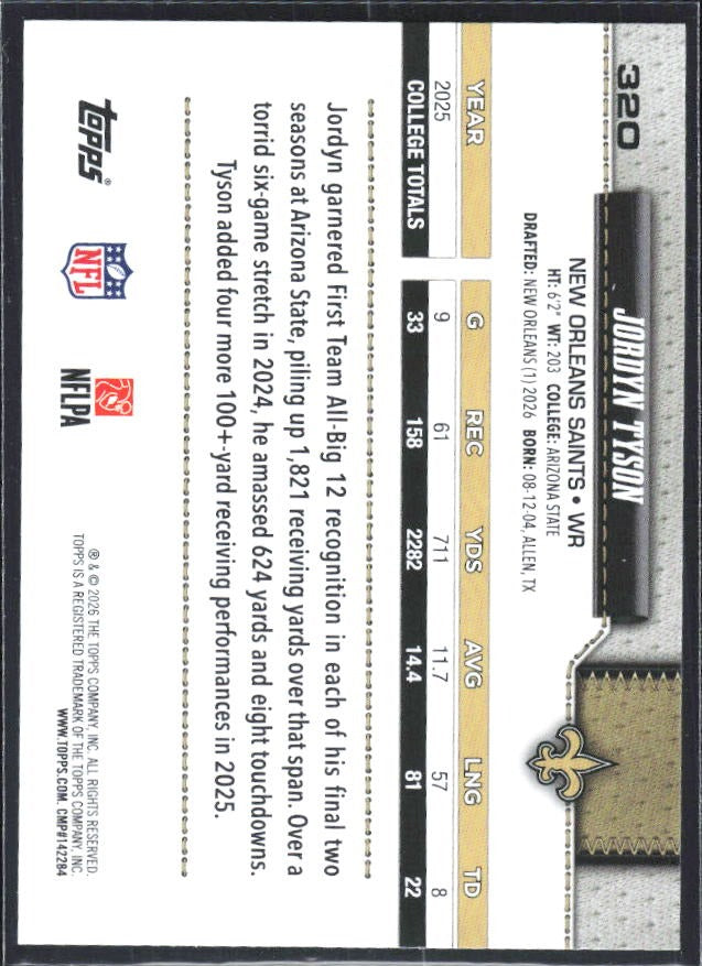 2026 Topps Flagship Football Jordyn Tyson RC #320 – baksida