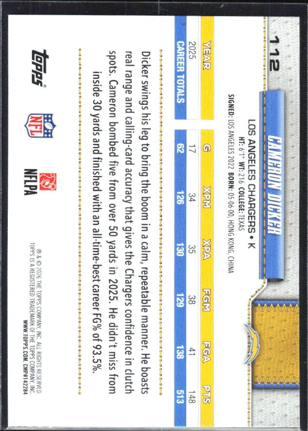 2026 Topps Flagship Football Cameron Dicker #112 – baksida