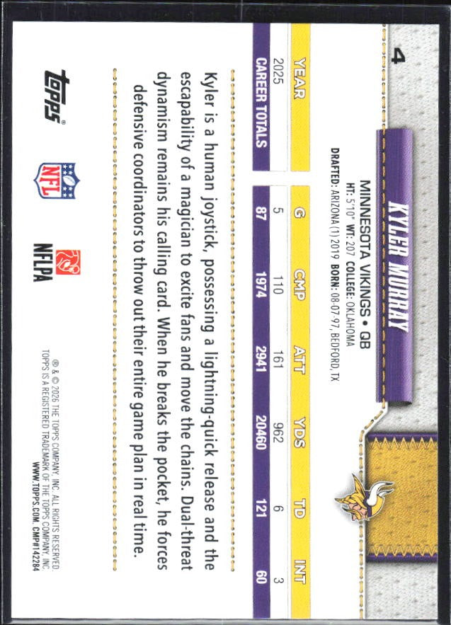 2026 Topps Flagship Football Kyler Murray #4 – baksida
