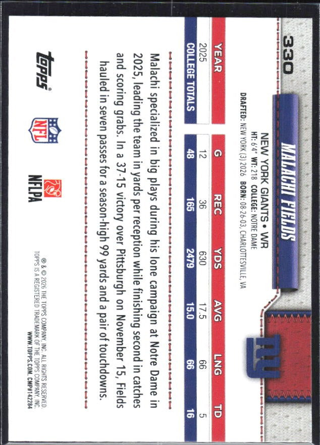2026 Topps Flagship Football Malachi Fields RC #330 – baksida