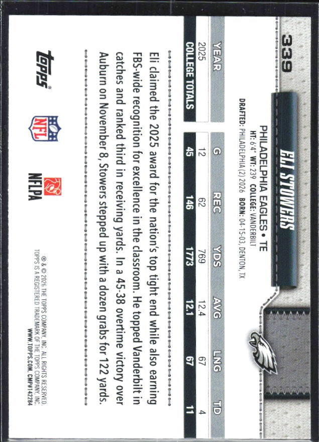 2026 Topps Flagship Football Eli Stowers RC #339 – baksida