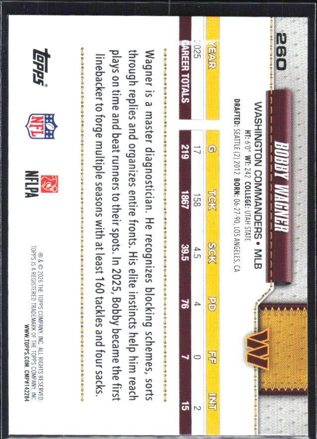 2026 Topps Flagship Football Bobby Wagner #260 – baksida