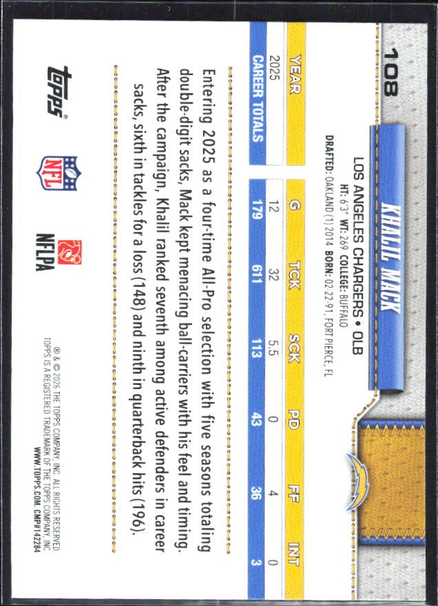 2026 Topps Flagship Football Khalil Mack #108 – baksida