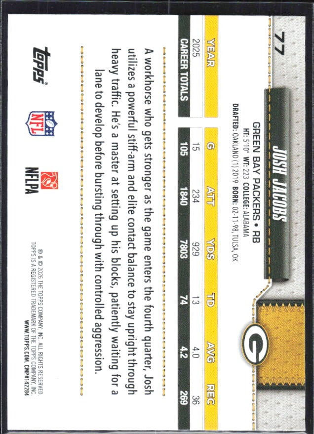 2026 Topps Flagship Football Josh Jacobs #77 – baksida