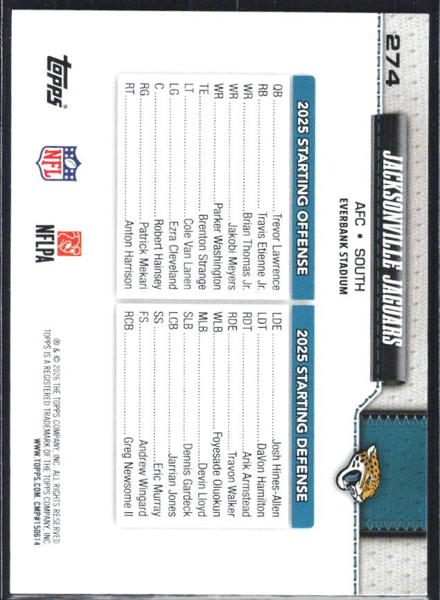 2026 Topps Flagship Football Jacksonville Jaguars #274 – baksida