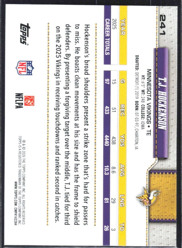 2026 Topps Flagship Football T.J. Hockenson #241 – baksida