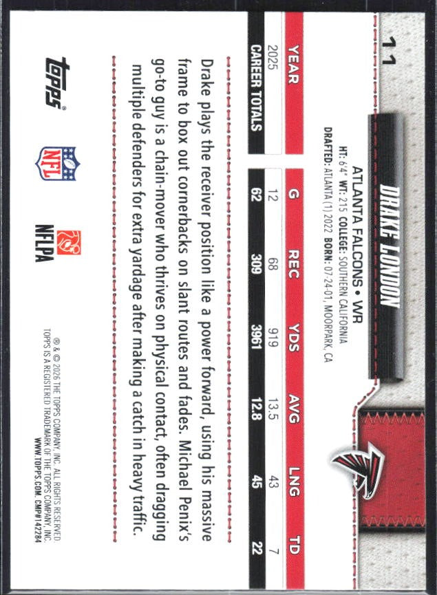 2026 Topps Flagship Football Drake London #11 – baksida
