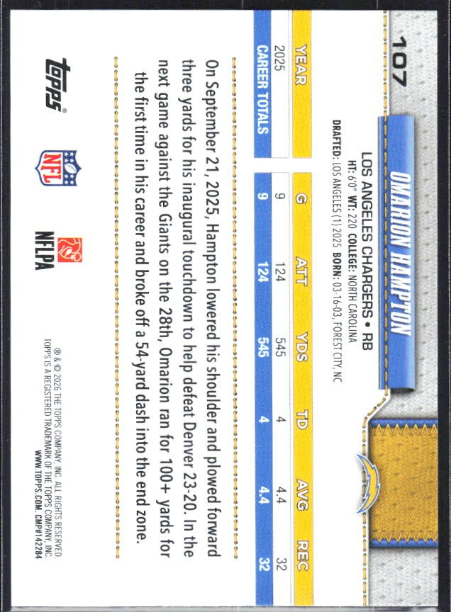 2026 Topps Flagship Football Omarion Hampton #107 – baksida