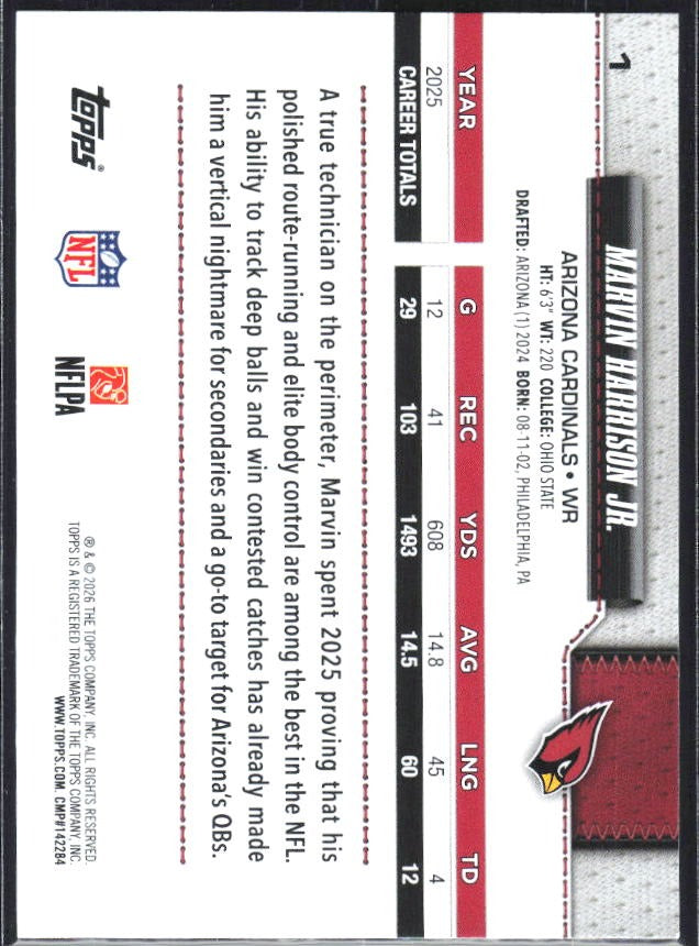 2026 Topps Flagship Football Marvin Harrison Jr. #1 – baksida