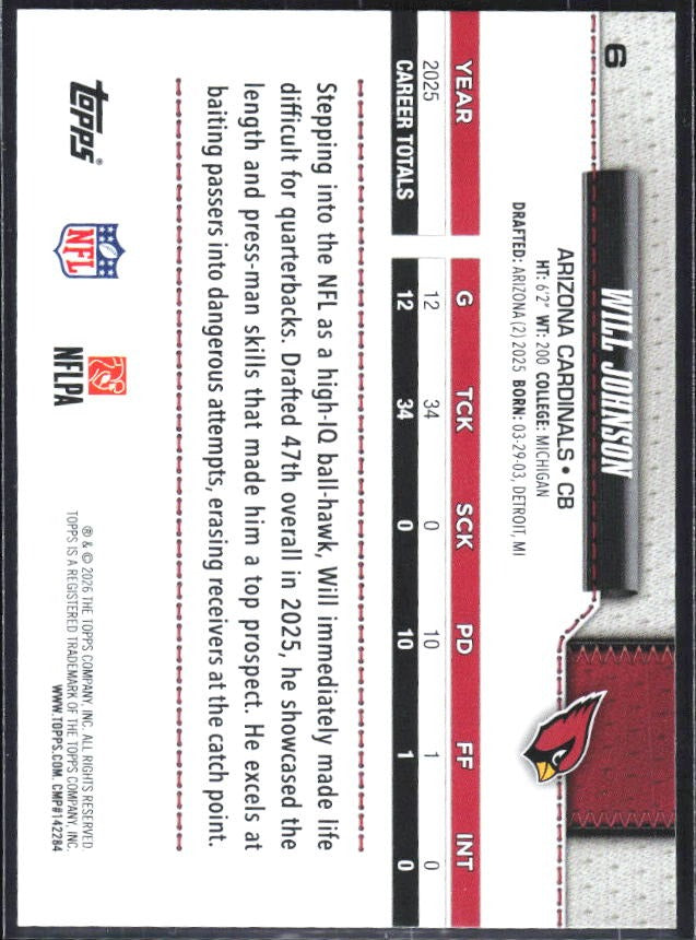 2026 Topps Flagship Football Will Johnson #6 – baksida