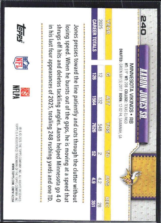 2026 Topps Flagship Football Aaron Jones Sr. #240 – baksida