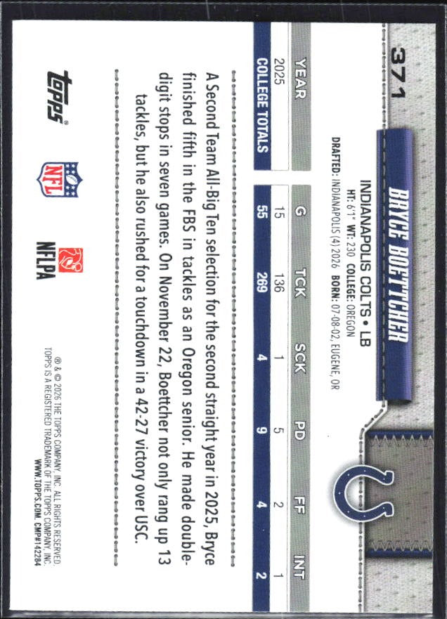 2026 Topps Flagship Football Bryce Boettcher RC #371 – baksida