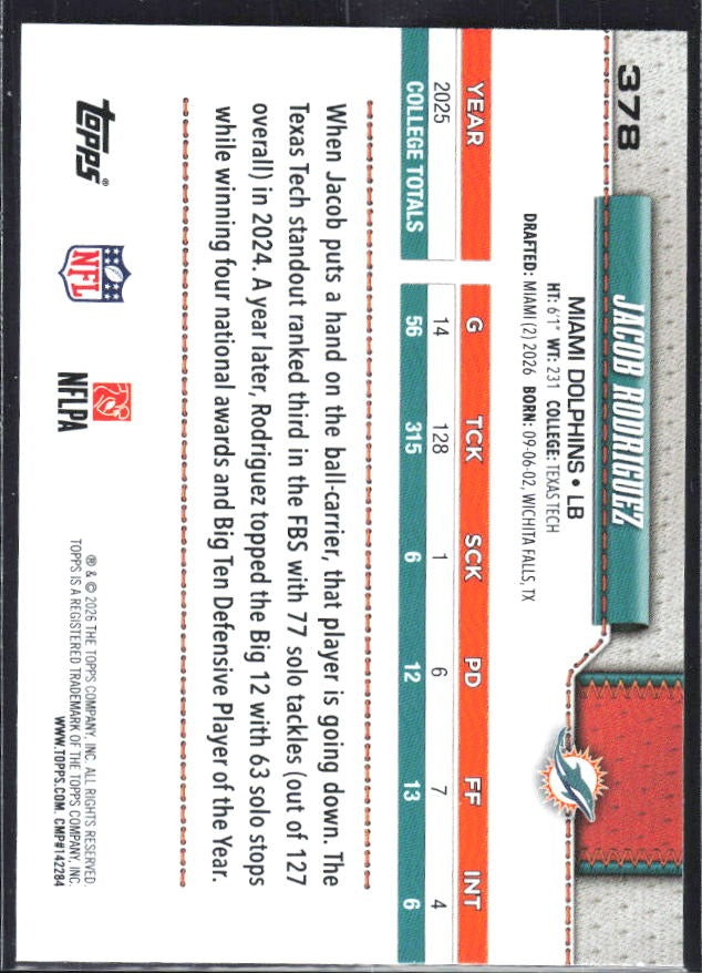 2026 Topps Flagship Football Jacob Rodriguez RC #378 – baksida