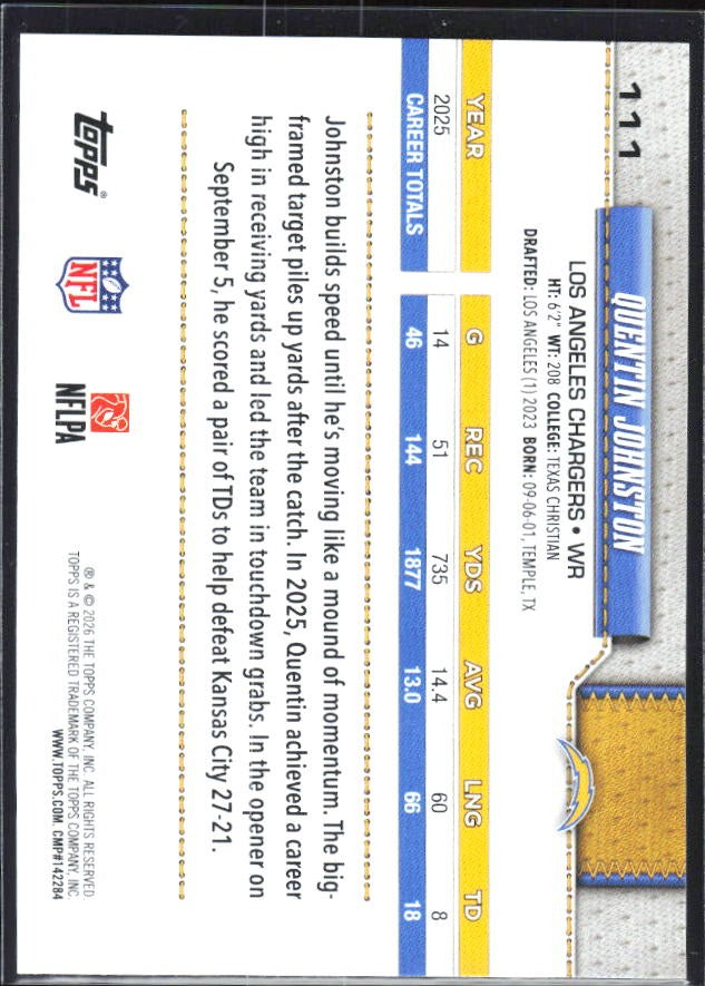 2026 Topps Flagship Football Quentin Johnston #111 – baksida