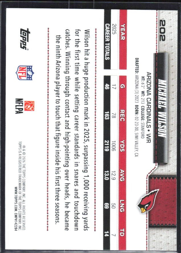 2026 Topps Flagship Football Michael Wilson #202 – baksida