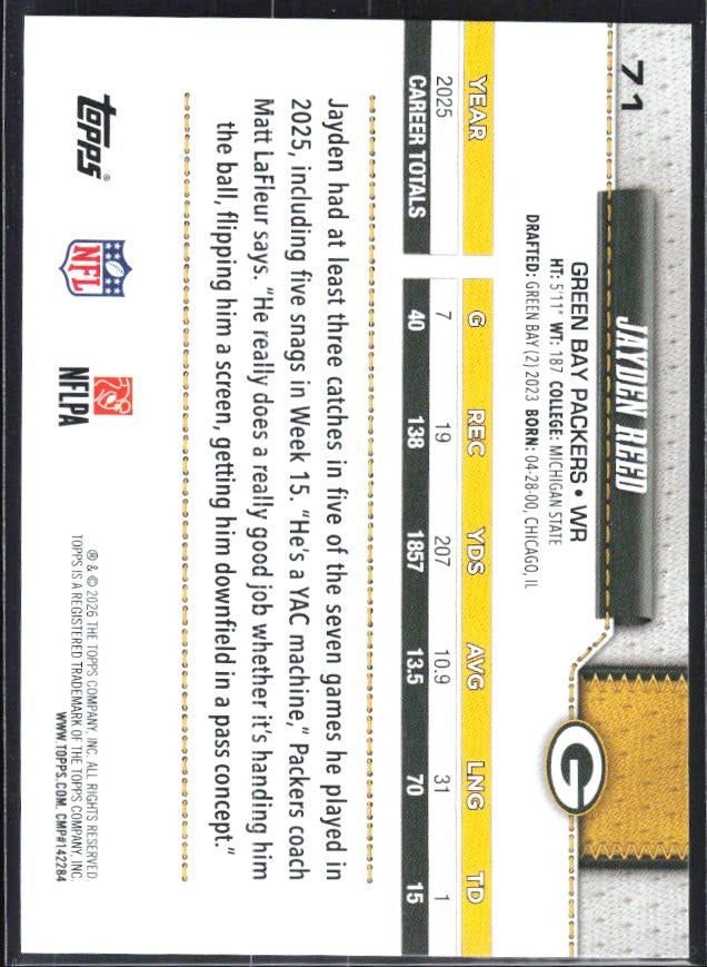 2026 Topps Flagship Football Jayden Reed #71 – baksida