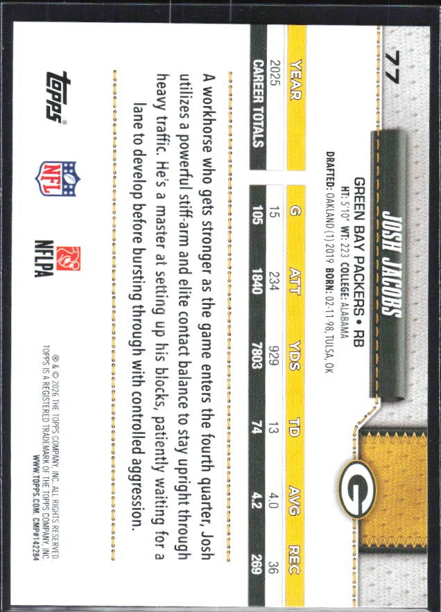 2026 Topps Flagship Football Josh Jacobs #77 – baksida