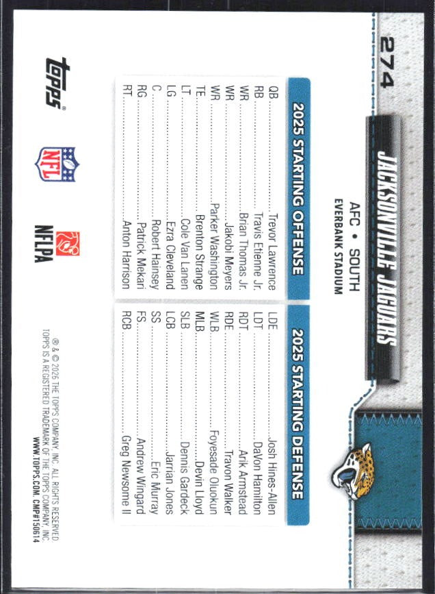 2026 Topps Flagship Football Jacksonville Jaguars #274 – baksida