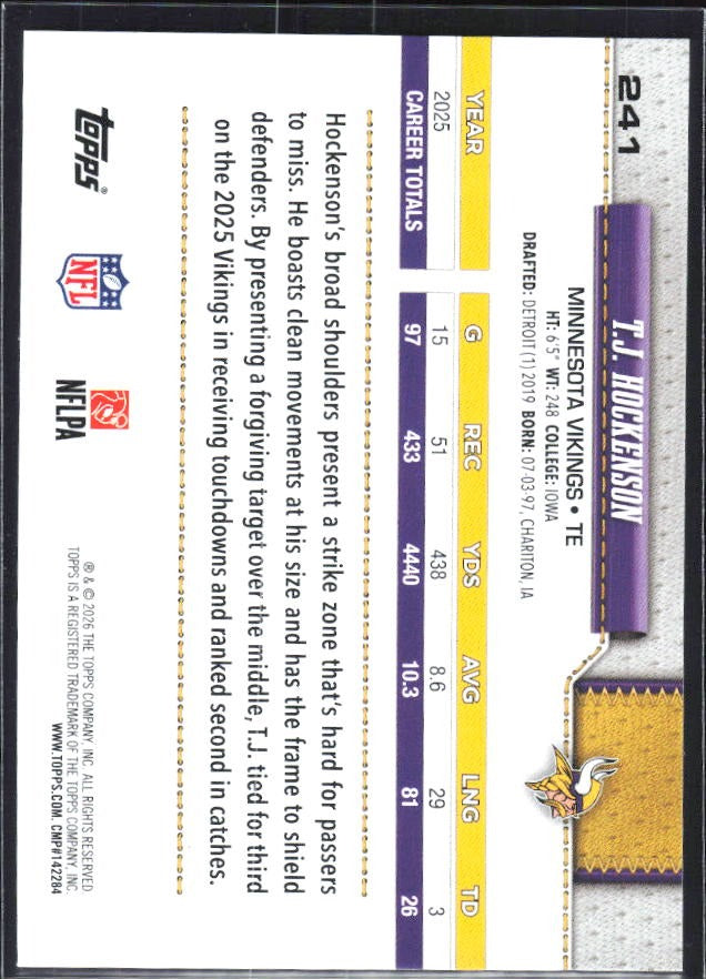 2026 Topps Flagship Football T.J. Hockenson #241 – baksida