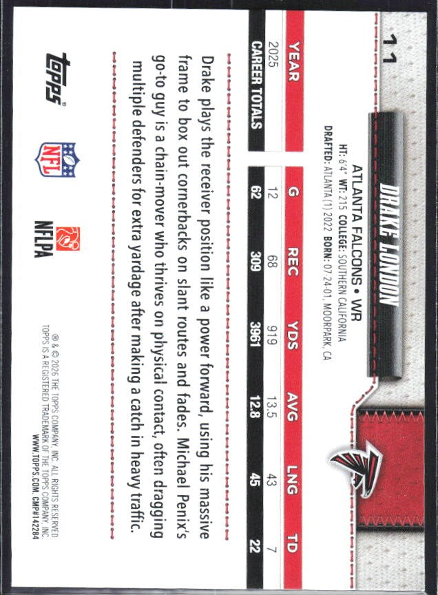 2026 Topps Flagship Football Drake London #11 – baksida