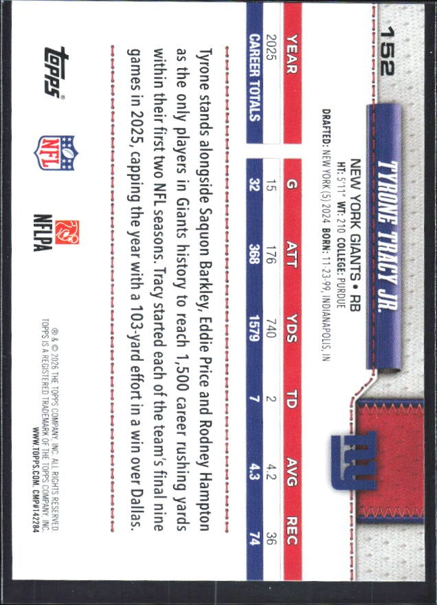 2026 Topps Flagship Football Tyrone Tracy Jr. #152 – baksida