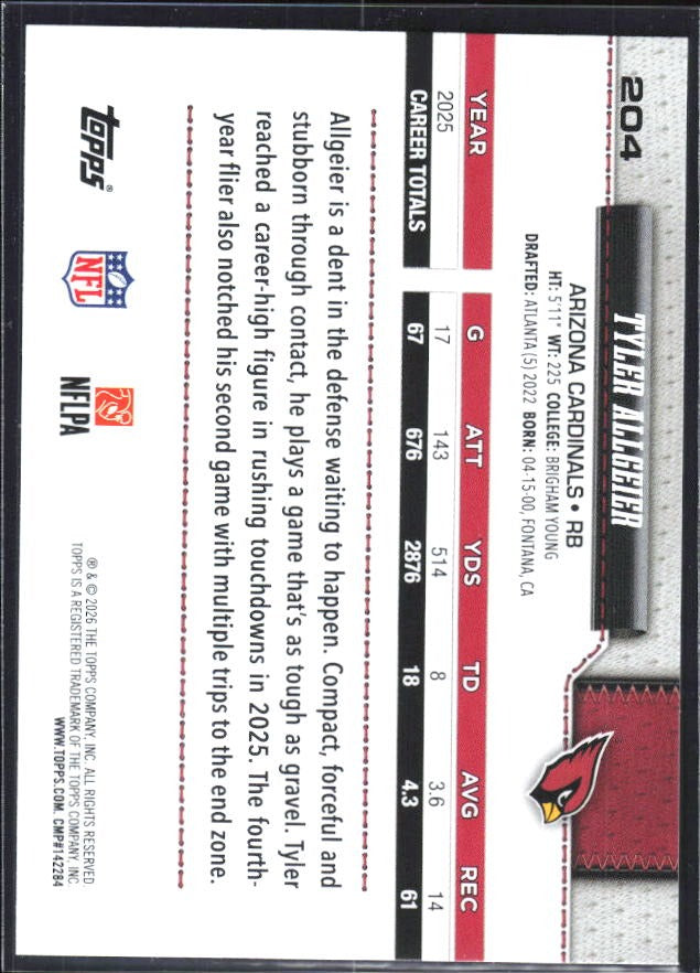 2026 Topps Flagship Football Tyler Allgeier #204 – baksida