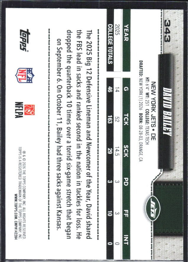 2026 Topps Flagship Football David Bailey RC #343 – baksida