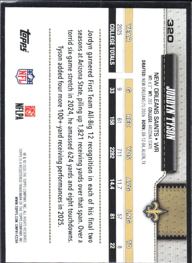 2026 Topps Flagship Football Jordyn Tyson RC #320 – baksida