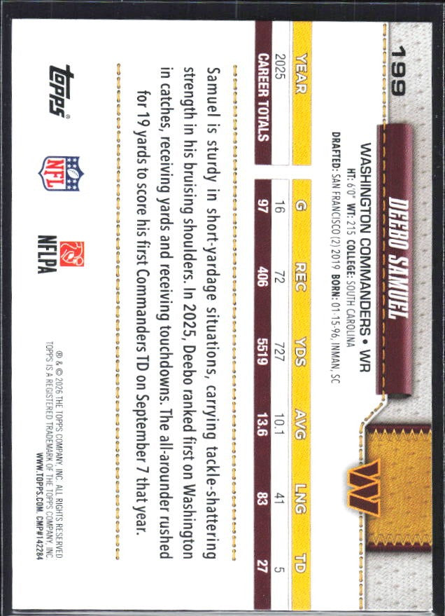 2026 Topps Flagship Football Deebo Samuel #199 – baksida