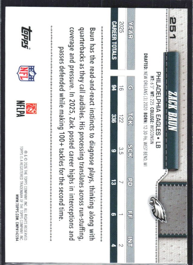 2026 Topps Flagship Football Zack Baun #251 – baksida
