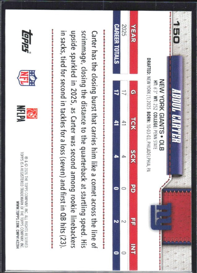 2026 Topps Flagship Football Abdul Carter #150 – baksida