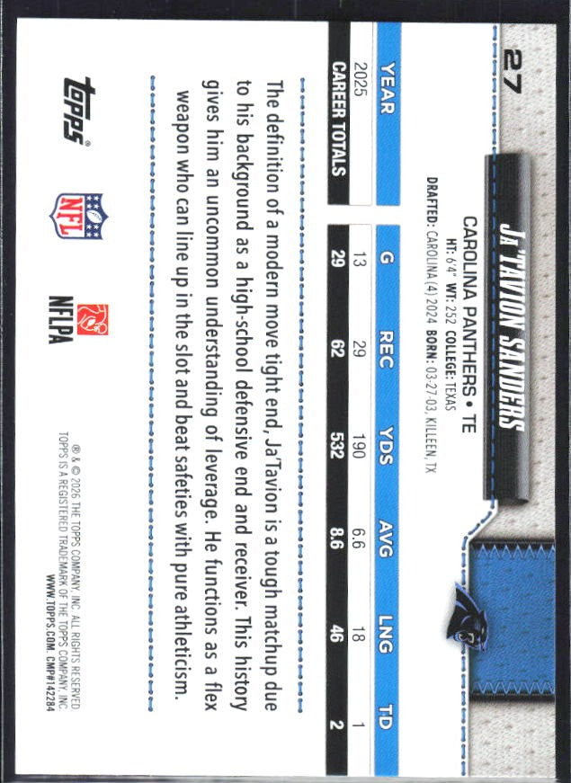 2026 Topps Flagship Football Ja’Tavion Sanders #27 – baksida