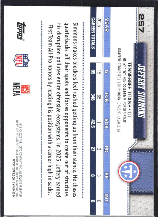 2026 Topps Flagship Football Jeffery Simmons #257 – baksida