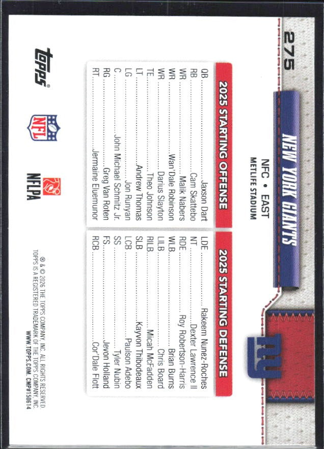 2026 Topps Flagship Football New York Giants #275 – baksida