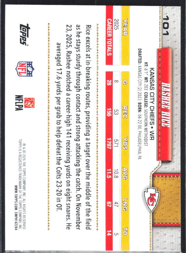 2026 Topps Flagship Football Rashee Rice #101 – baksida