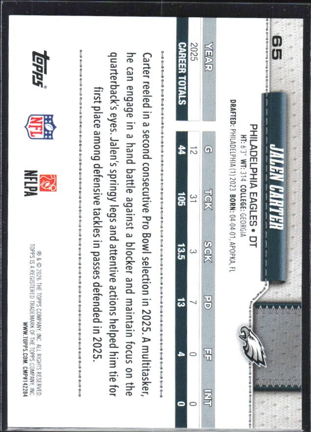 2026 Topps Flagship Football Jalen Carter #65 – baksida