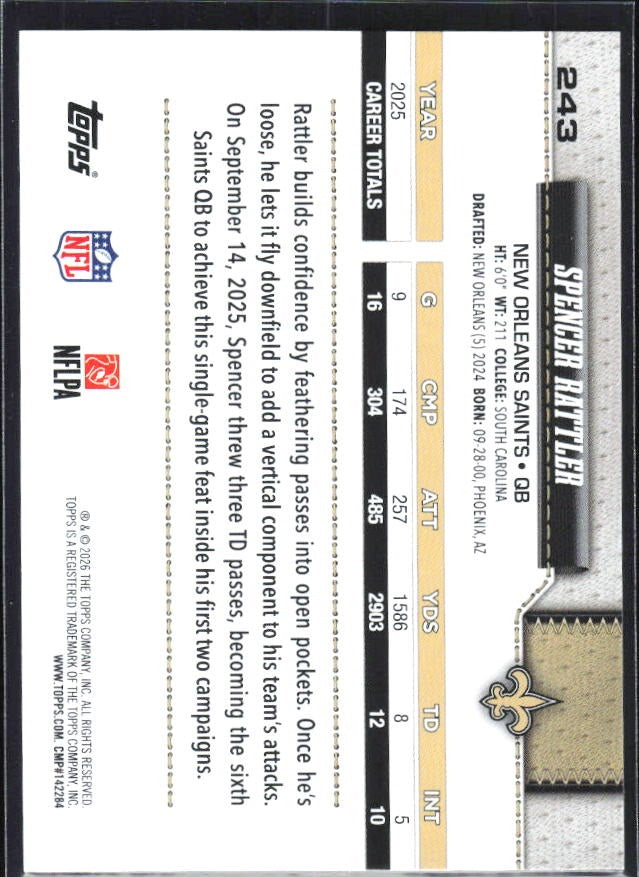 2026 Topps Flagship Football Spencer Rattler #243 – baksida