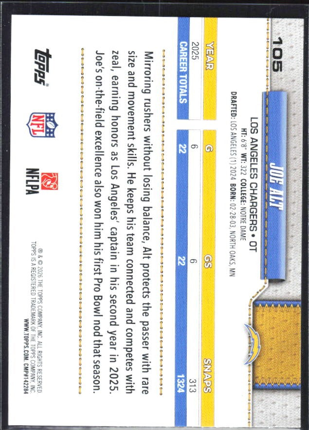 2026 Topps Flagship Football Joe Alt #105 – baksida