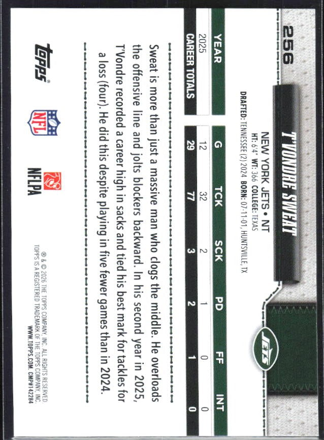 2026 Topps Flagship Football T’Vondre Sweat #256 – baksida